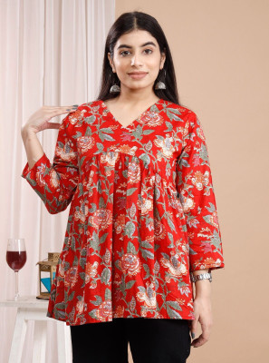 ARZOO Women Floral Print Flared Kurta(Red)