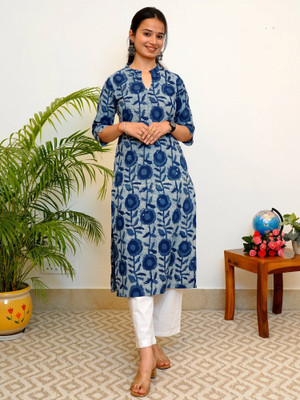 unity luxure Women Floral Print, Printed Straight Kurta(Blue)