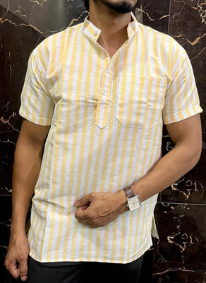 Fabricana Men Self Design A-line Kurta(Yellow, White)