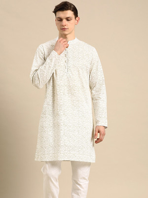 ANOUK Men Floral Print Straight Kurta(White, Green)