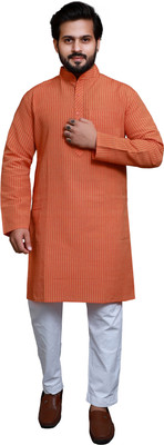 RAI's Men Striped Straight Kurta(Orange)