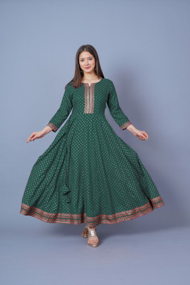 Annsh Apparel Women Printed Anarkali Kurta(Green)