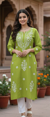 CHIKANKRI Women Chikan Embroidery Straight Kurta(Pink)