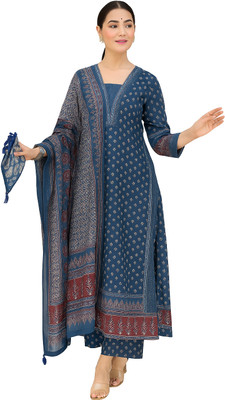 Byaara Women Block Print, Printed, Geometric Print Anarkali Kurta(Blue)