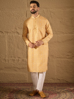 House of Pataudi Men Embroidered Straight Kurta(Yellow)