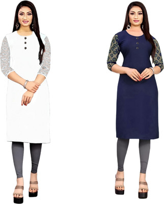 HOFC Women Solid Straight Kurta(White, Blue)