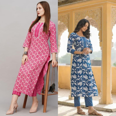 OMSAILACES Women Printed Straight Kurta(Pink)