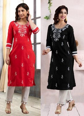 vikshi Women Chikan Embroidery Straight Kurta(Multicolor)