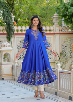 Yash Gallery Women Floral Print Anarkali Kurta(Blue)