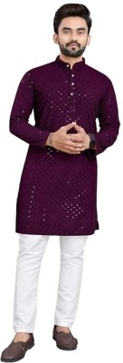 Metro Traders Men Embroidered Straight Kurta(Pink)