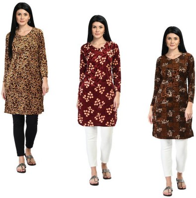 KAYU Women Animal Print Straight Kurta(Maroon, Brown, Beige)