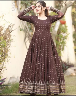NAMA Women Printed Flared Kurta(Brown, White)