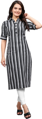 FABTOWN Women Striped Frontslit Kurta(Black)