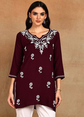 VAHSON Women Chikan Embroidery, Floral Print, Embroidered, Self Design A-line Kurta(Maroon, White)