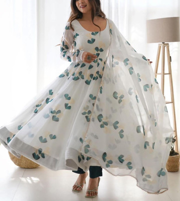 RADHA KRISHNA Women Floral Print, Printed Gown Kurta(White)