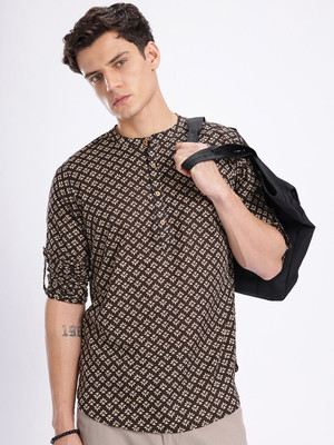 Anouk Rustic Men Floral Print Straight Kurta(Brown, White)
