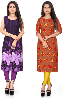 Hiral Creation Women Printed Straight Kurta(Purple, Orange)