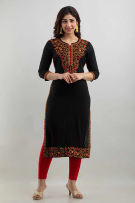 GOMOSWA INTERNATIONAL Women Embroidered A-line Kurta(Black)