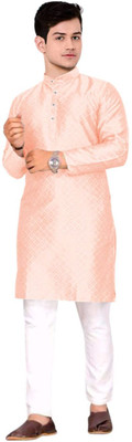TRUST OUS Men Checkered Straight Kurta(Pink)