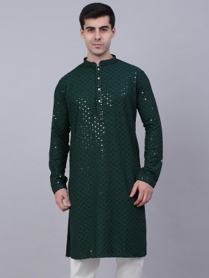 ALMORA Men Chikan Embroidery Straight Kurta(Green)