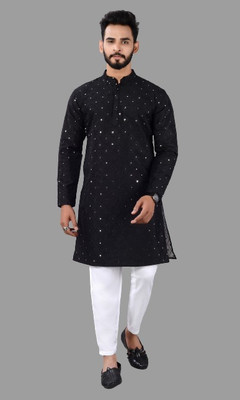 VILLAIN Men Printed A-line Kurta(Black)