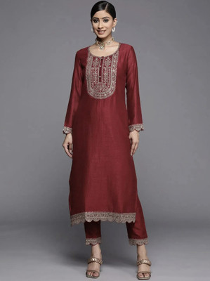 RARE THREAD Women Embroidered A-line Kurta(Maroon)