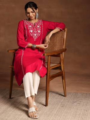 LIBAS Women Printed Straight Kurta(Pink)