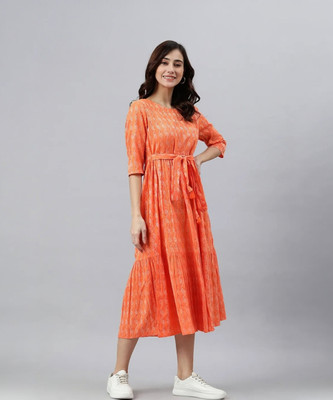 SHREE BDREE Women Printed Flared Kurta(Orange)