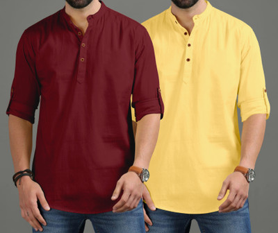 ROYAL SCOUT Men Solid Straight Kurta(Maroon, Yellow)