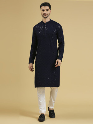 Rajubhai Hargovindas Men Embellished Straight Kurta(Dark Blue)
