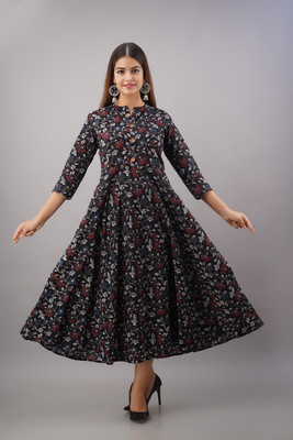 Kurtiking Women Floral Print Flared Kurta(Black)
