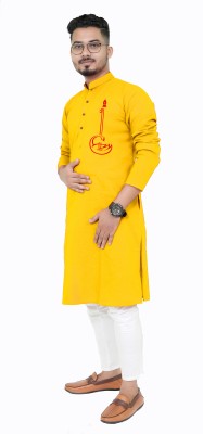 Rainbow Cloths Men Printed Straight Kurta(Yellow)