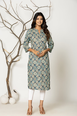 Jaipuri Bunaai Women Printed, Kalamkari, Geometric Print, Self Design Straight Kurta(Multicolor)