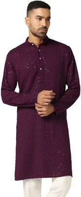 AHHAAAA Men Chikan Embroidery Straight Kurta(Maroon)