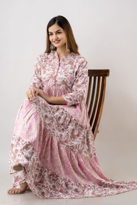 Yaltas Women Printed Anarkali Kurta(Pink)