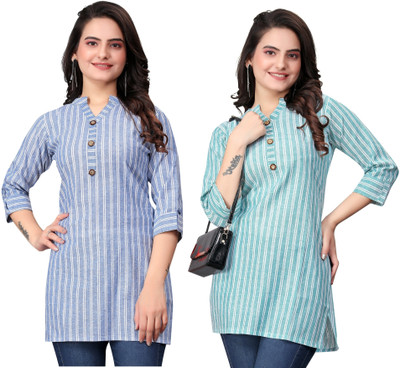MANTRA DESIGNER Women Striped Straight Kurta(Blue, Green)