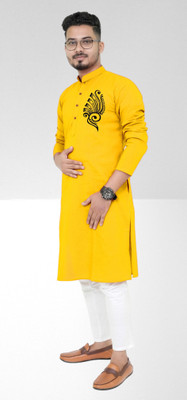 Mamta fab Men Printed Straight Kurta(Yellow)