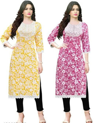 P17 Women Printed A-line Kurta(Red, Yellow)