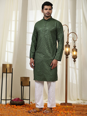 PRO ETHIC Men Embroidered Straight Kurta(Green)
