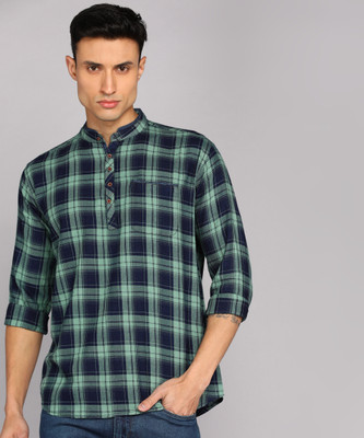 KUONS AVENUE Men Checkered Straight Kurta(Green)