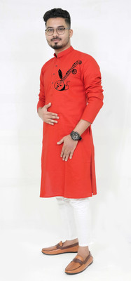 Rainbow Cloths Men Self Design Straight Kurta(Orange)