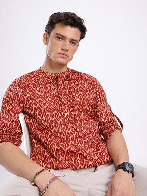 Anouk Rustic Men Printed Straight Kurta(Maroon, Beige)