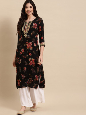 all about you Women Printed Straight Kurta(Black)