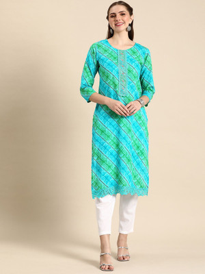 ANOUK Women Geometric Print Straight Kurta(Green)