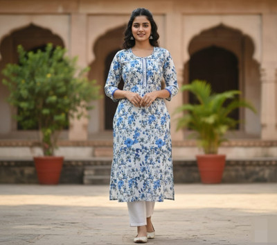 SS Fashion Women Floral Print, Printed Straight Kurta(Blue, White)
