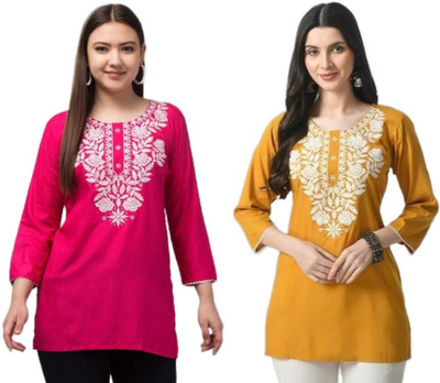 Synthify Women Chikan Embroidery A-line Kurta(Pink, Yellow)