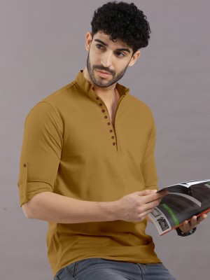 VTEXX Men Solid Straight Kurta(Yellow)