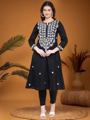 Handkari Women Chikan Embroidery A-line Kurta(Black)