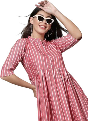 Houseofcommonv Women Striped A-line Kurta(Pink)