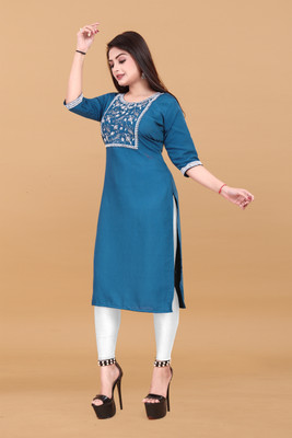 KURTIFABRIC Women Embroidered A-line Kurta(Blue)